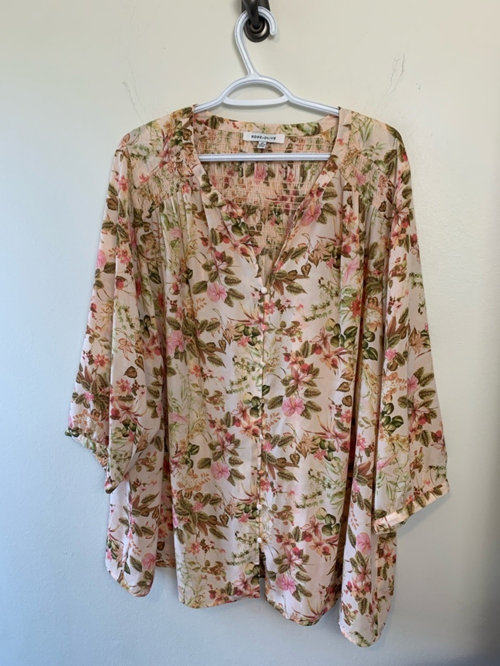 Rose + Olive Beige w Pink Summer Top, Opaque, Lightweight, 3/4 Sleeve, Flowing